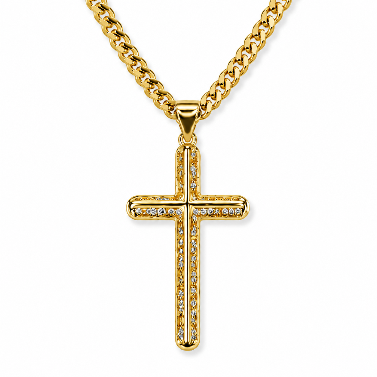 Collar Cadena Cubana con Cruz Brillante – Enchapado Oro 18K