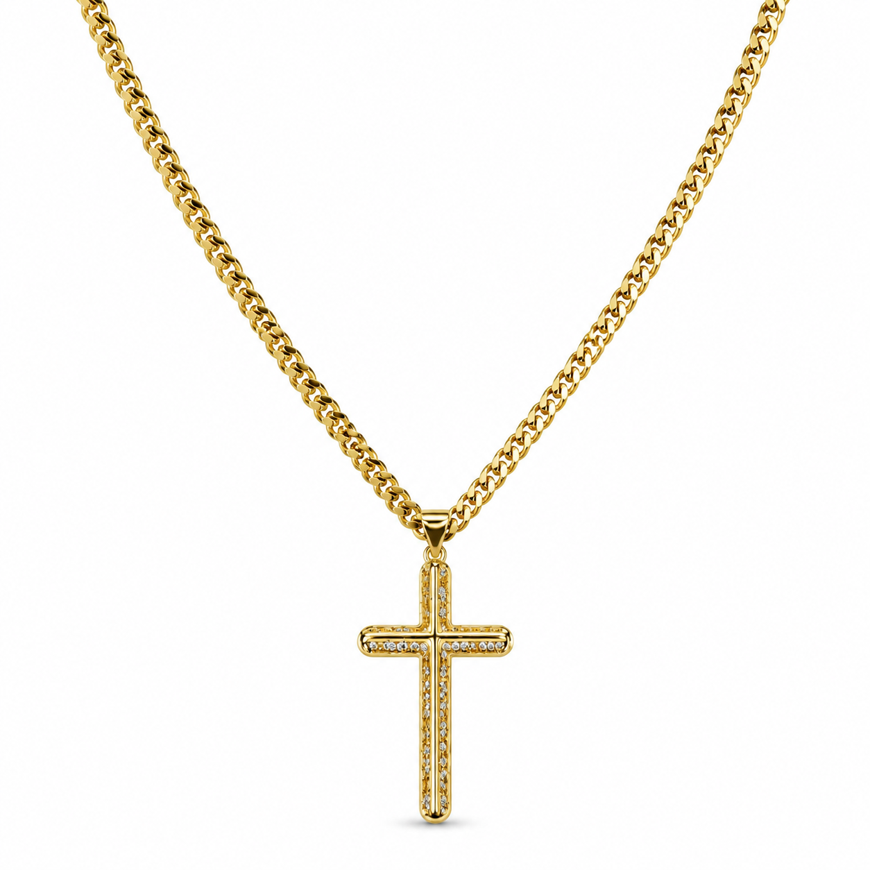 Collar Cadena Cubana con Cruz Brillante – Enchapado Oro 18K