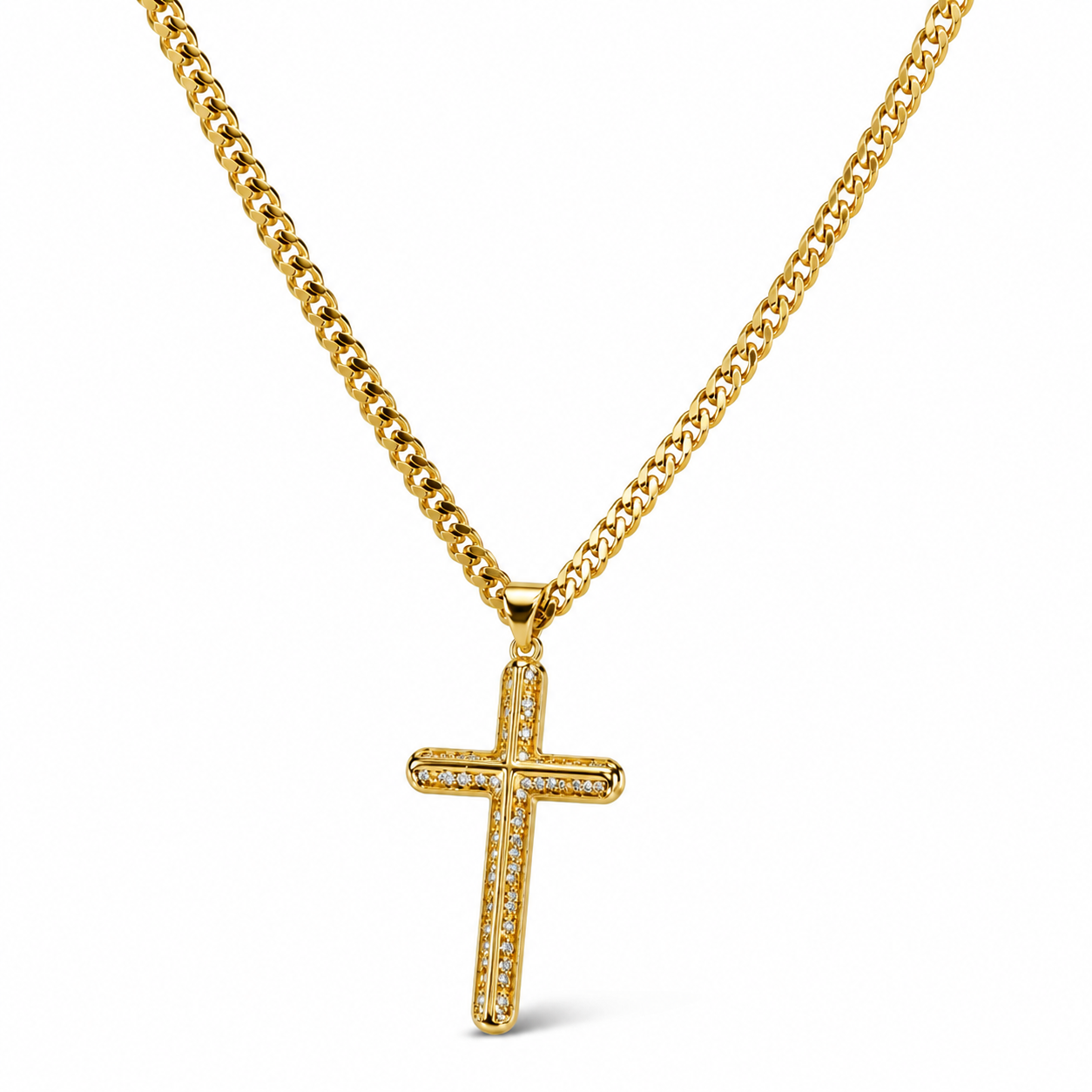 Collar Cadena Cubana con Cruz Brillante – Enchapado Oro 18K