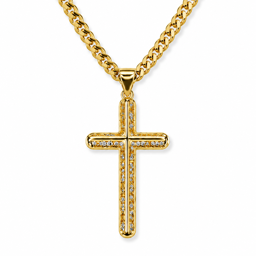 Collar Cadena Cubana con Cruz Brillante – Enchapado Oro 18K