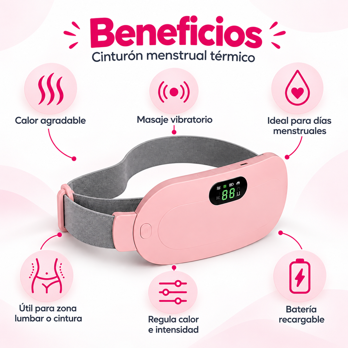 Cinturón Menstrual Masajeador Térmico con Calor y Vibración