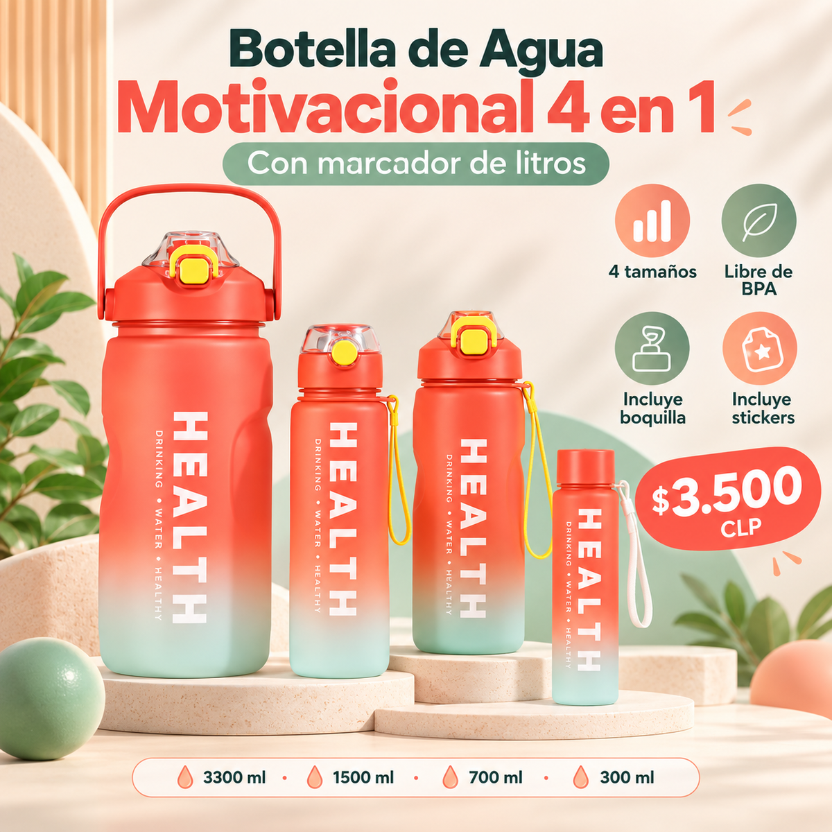 Botella De Agua Motivacional 4 En 1 con Marcador de Litros