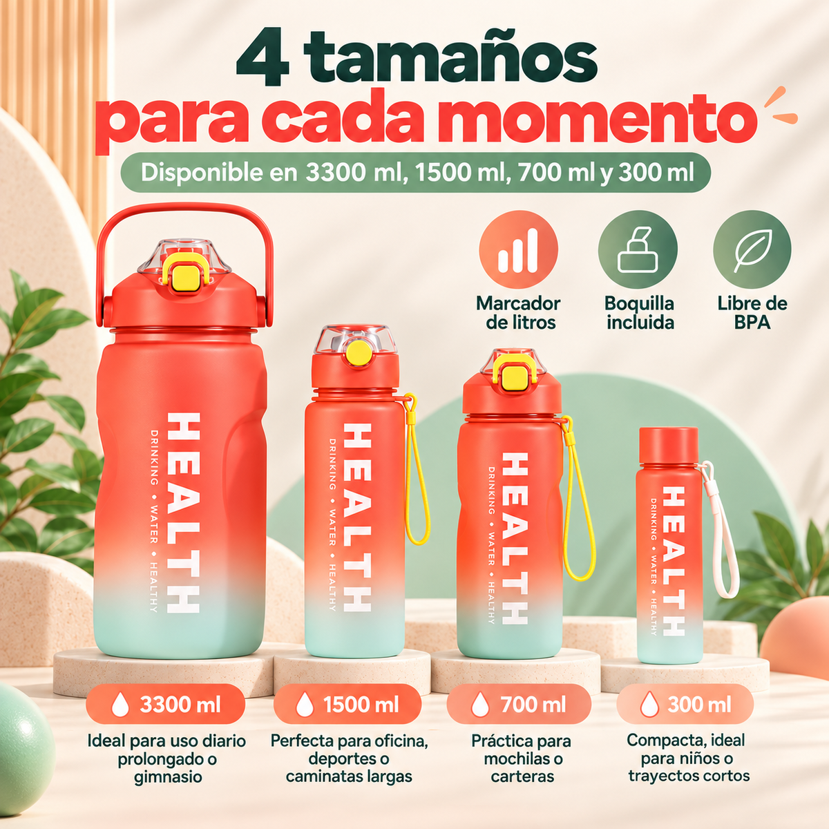 Botella De Agua Motivacional 4 En 1 con Marcador de Litros