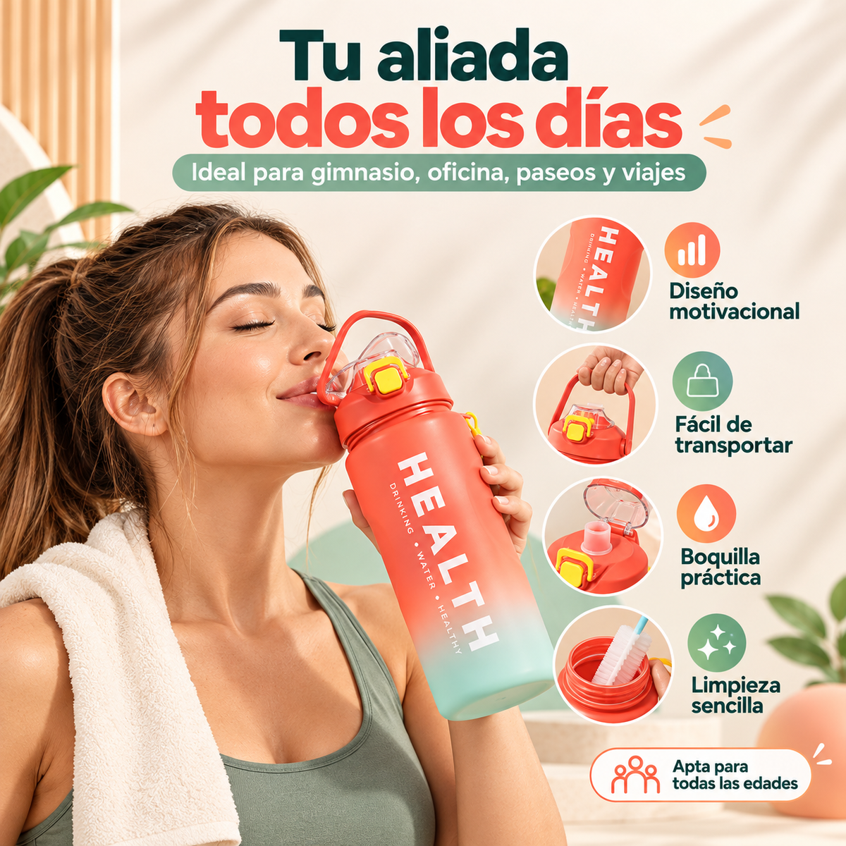 Botella De Agua Motivacional 4 En 1 con Marcador de Litros