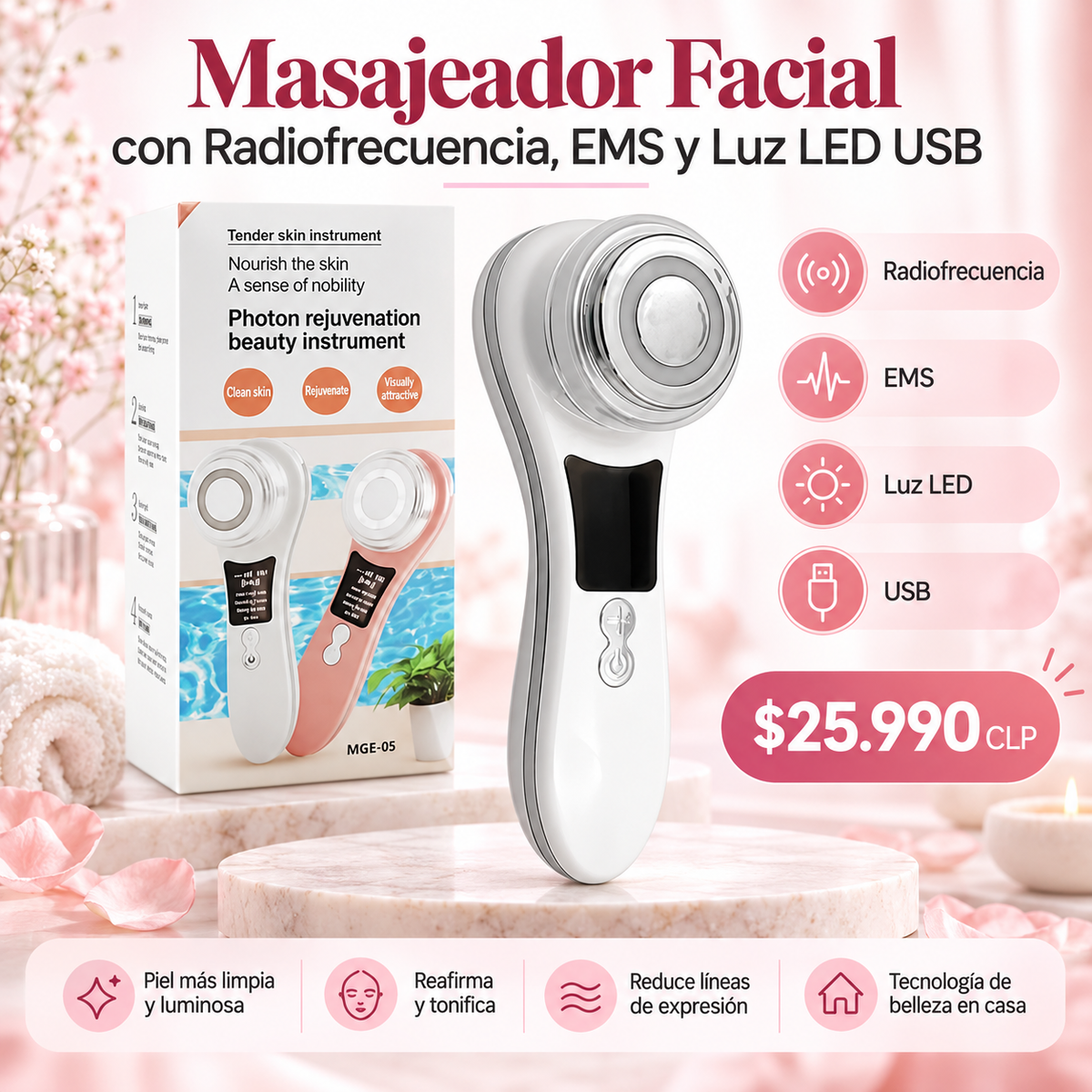 Masajeador Facial con Radiofrecuencia, EMS y Luz LED USB