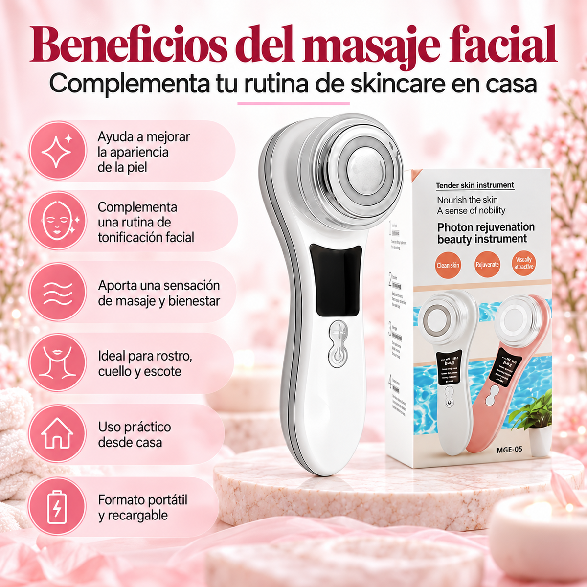 Masajeador Facial con Radiofrecuencia, EMS y Luz LED USB