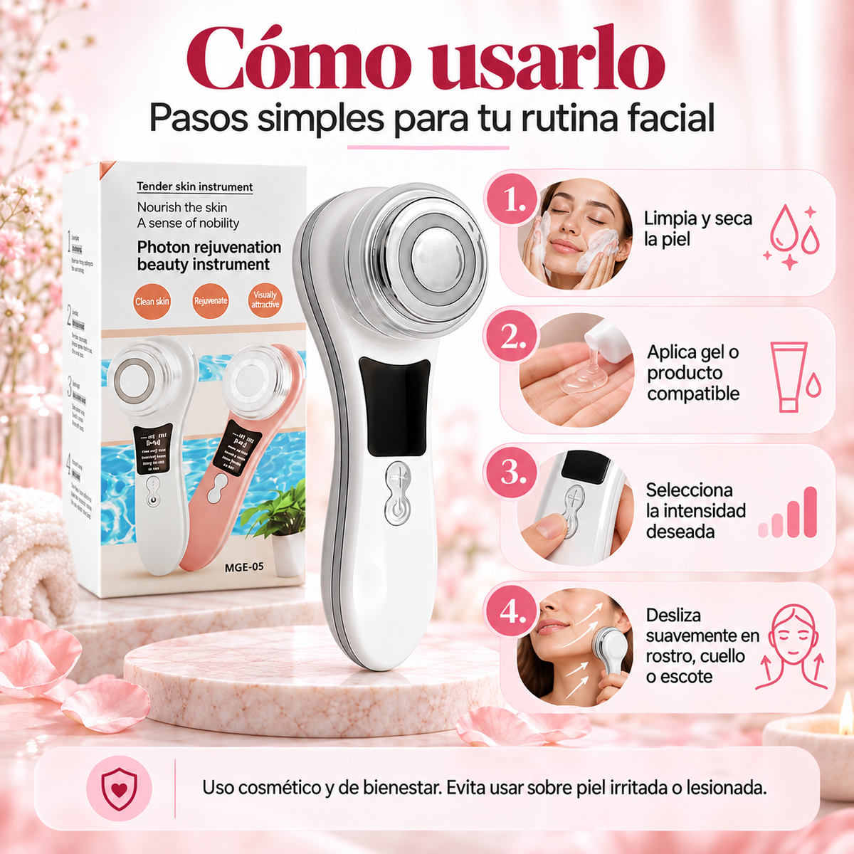 Masajeador Facial con Radiofrecuencia, EMS y Luz LED USB
