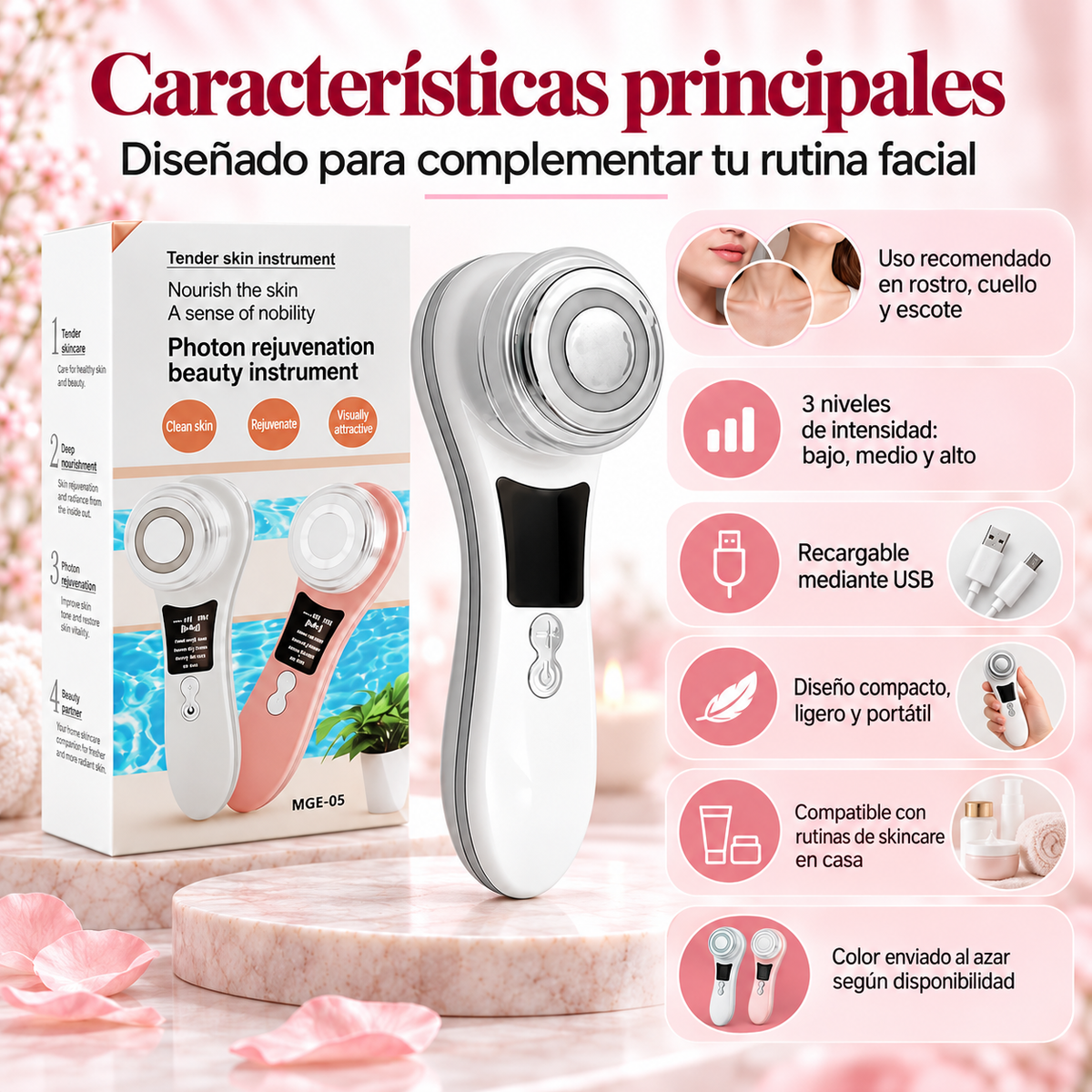 Masajeador Facial con Radiofrecuencia, EMS y Luz LED USB